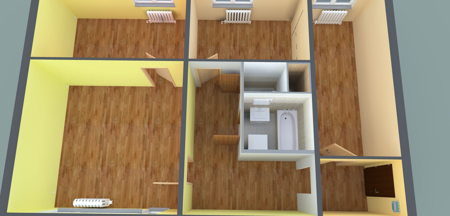 3D návrh koupelny s mozaikovým dekorem obkladu a vanou