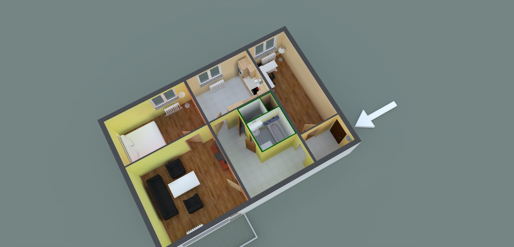 3D vizualizace celého bytu s novou dispozicí z ptačí perspektivy